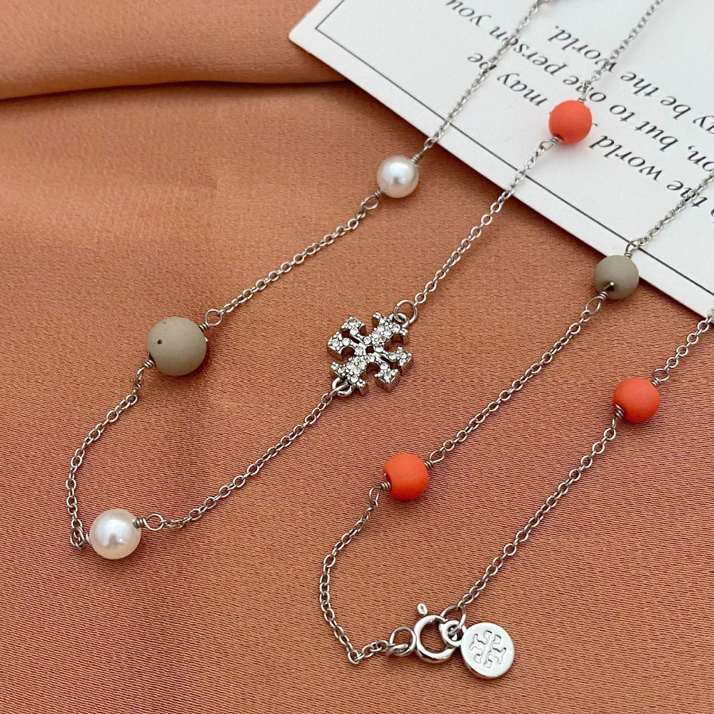 Tory Burch Rhinestone Letter Colorful Pearl Metal Chain Necklace